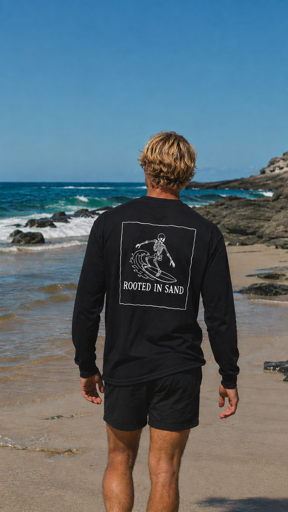 Rooted in Sand Long Sleeve Tee Surf Skeleton Graphic Shirt