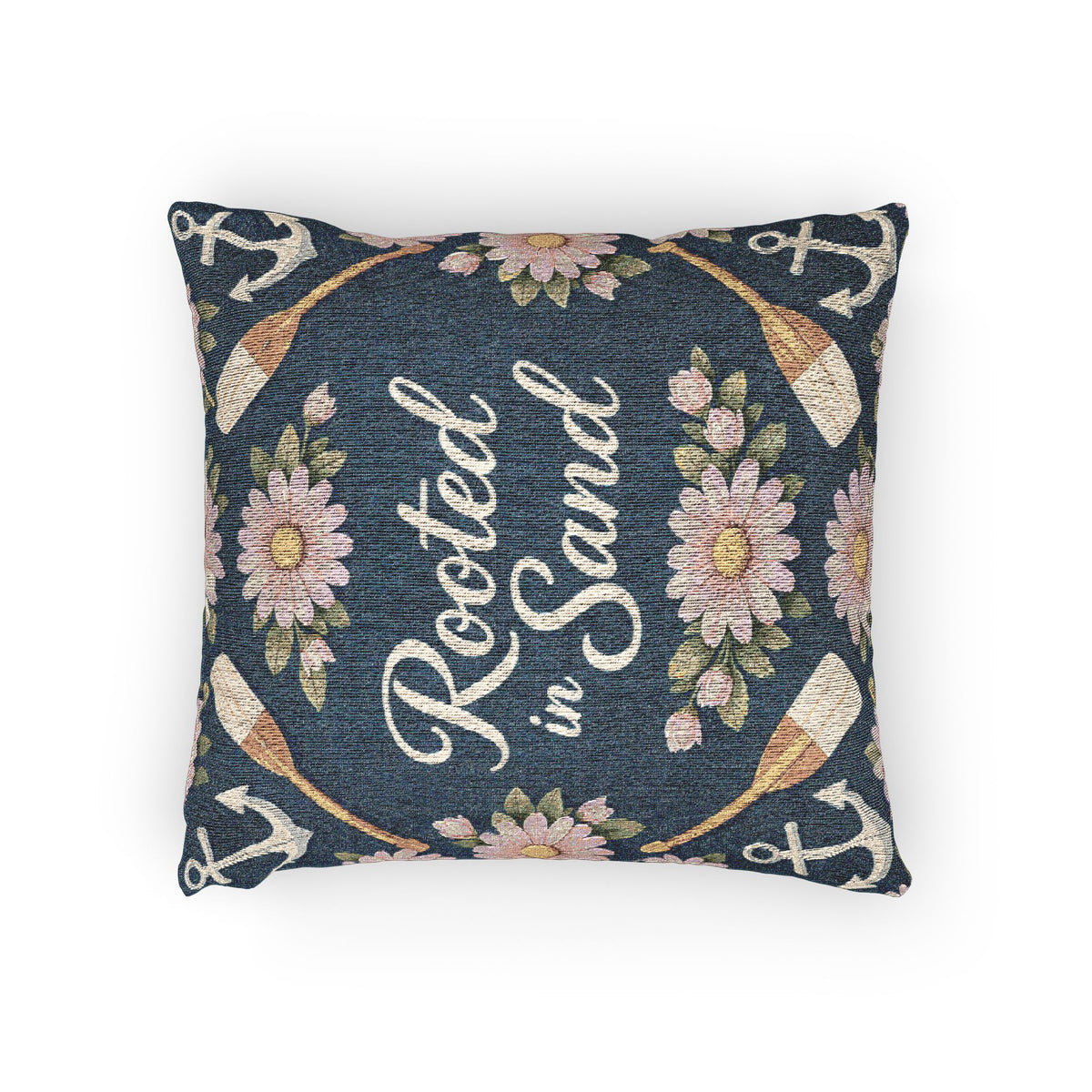 Rooted in Sand Woven Pillow — Coastal Floral Anchors Decorative Throw Pillow