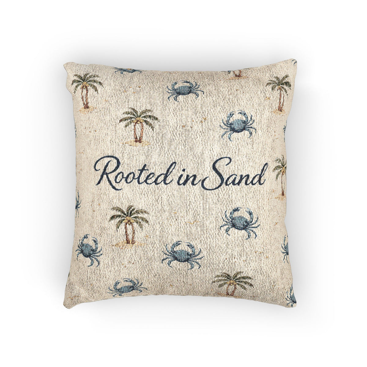 Woven Pillow — Rooted in Sand Coastal Palm & Crab Decorative Throw Pillow