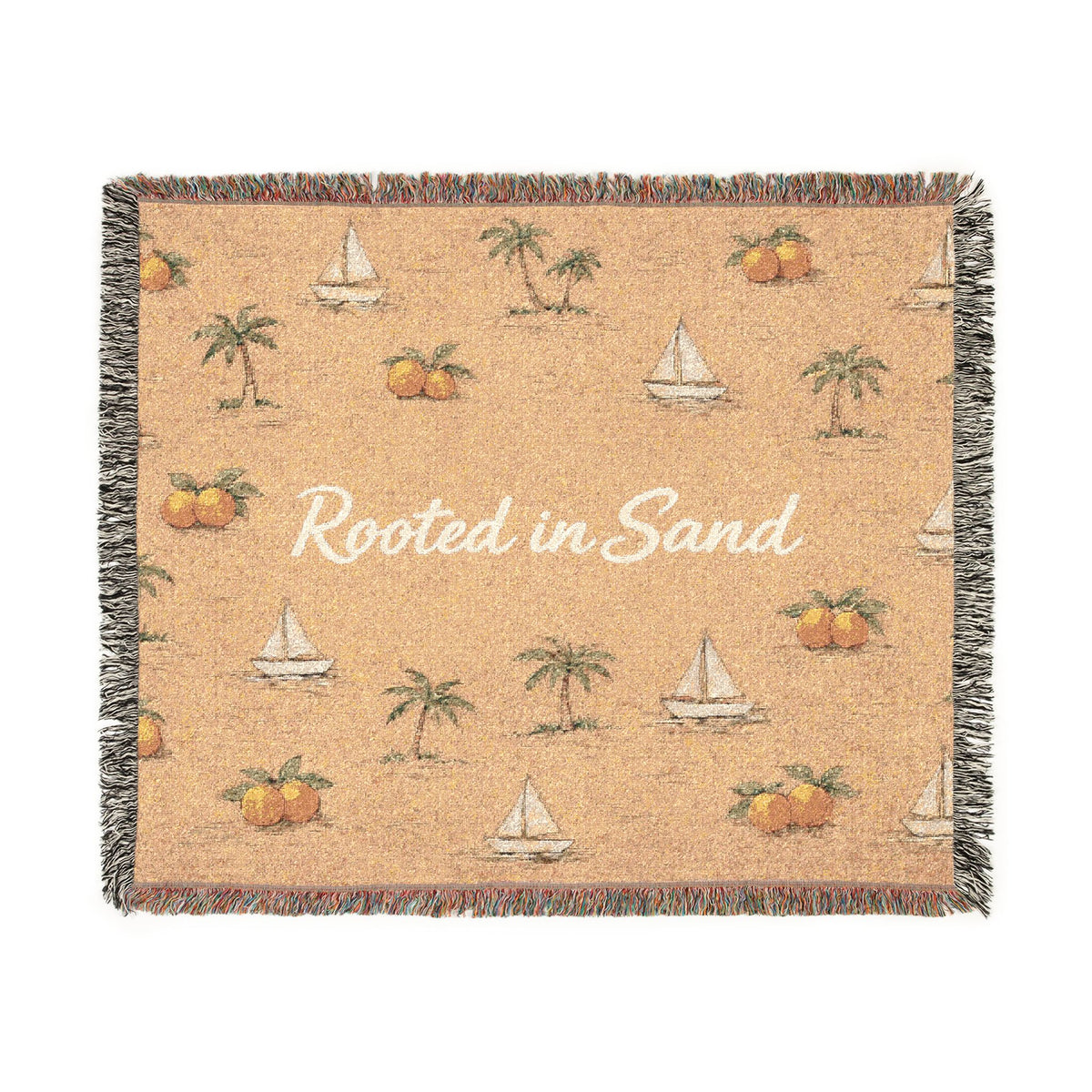 Woven Blanket Rooted in Sand Nautical Beach Throw — Palm Trees & Sailboats Accent