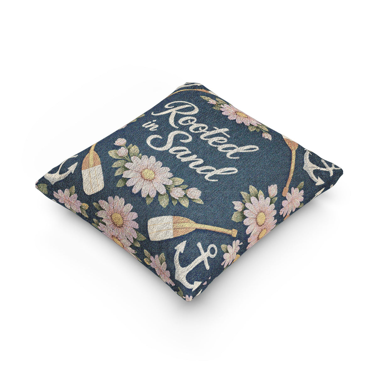 Rooted in Sand Woven Pillow — Coastal Floral Anchors Decorative Throw Pillow