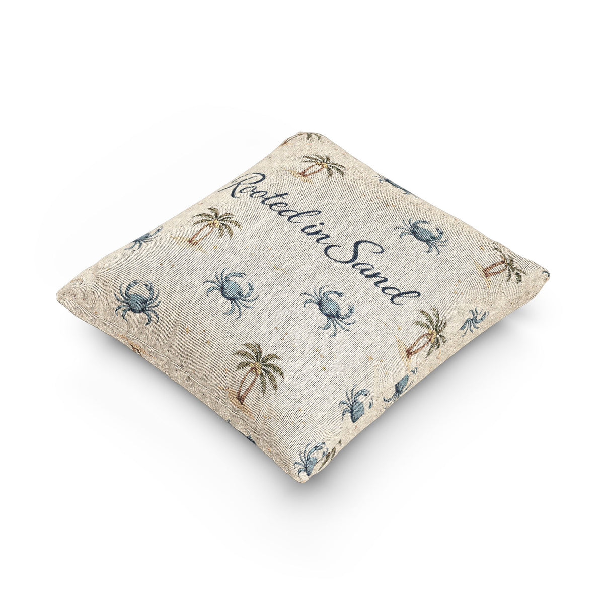 Woven Pillow — Rooted in Sand Coastal Palm & Crab Decorative Throw Pillow