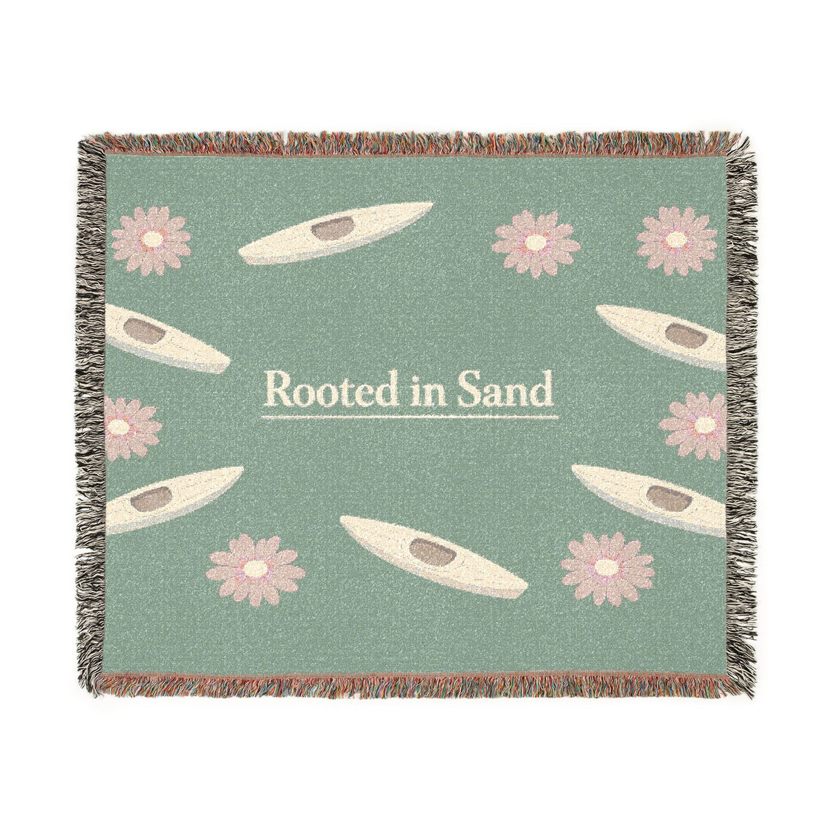 Rooted in Sand Woven Blanket – Coastal Kayak Throw with Floral Motif