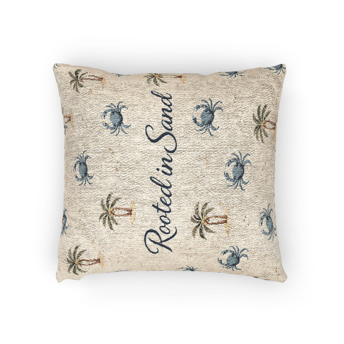 Woven Pillow — Rooted in Sand Coastal Palm & Crab Decorative Throw Pillow