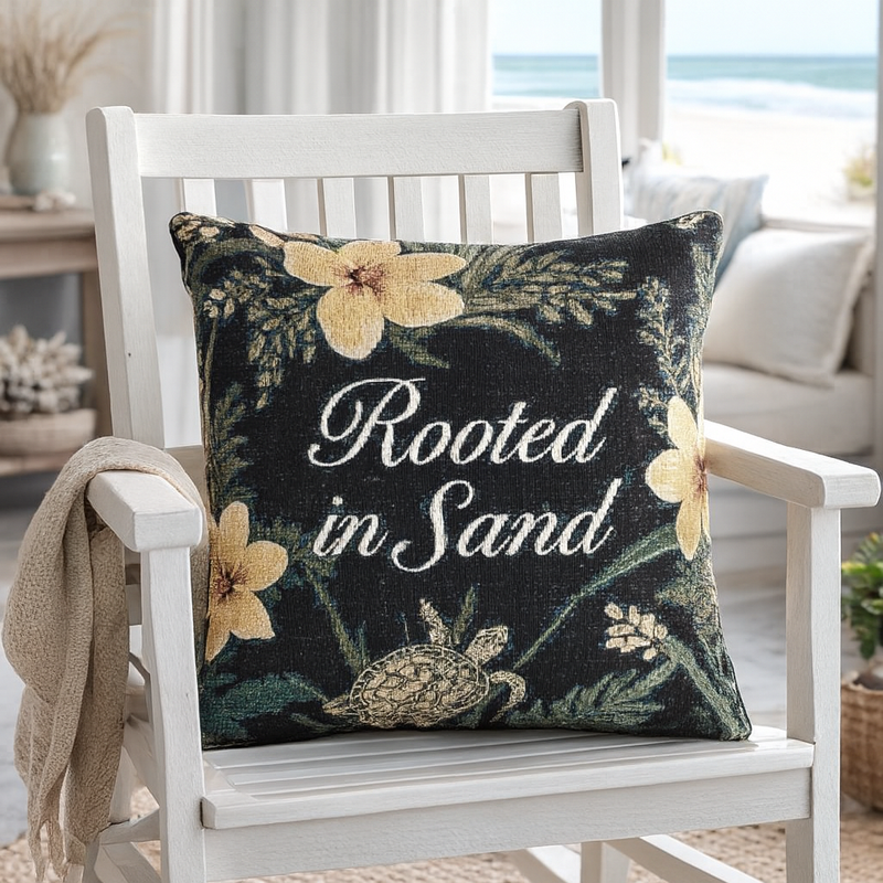 Rooted in Sand Woven Pillow — Coastal Floral Decorative Throw Pillow