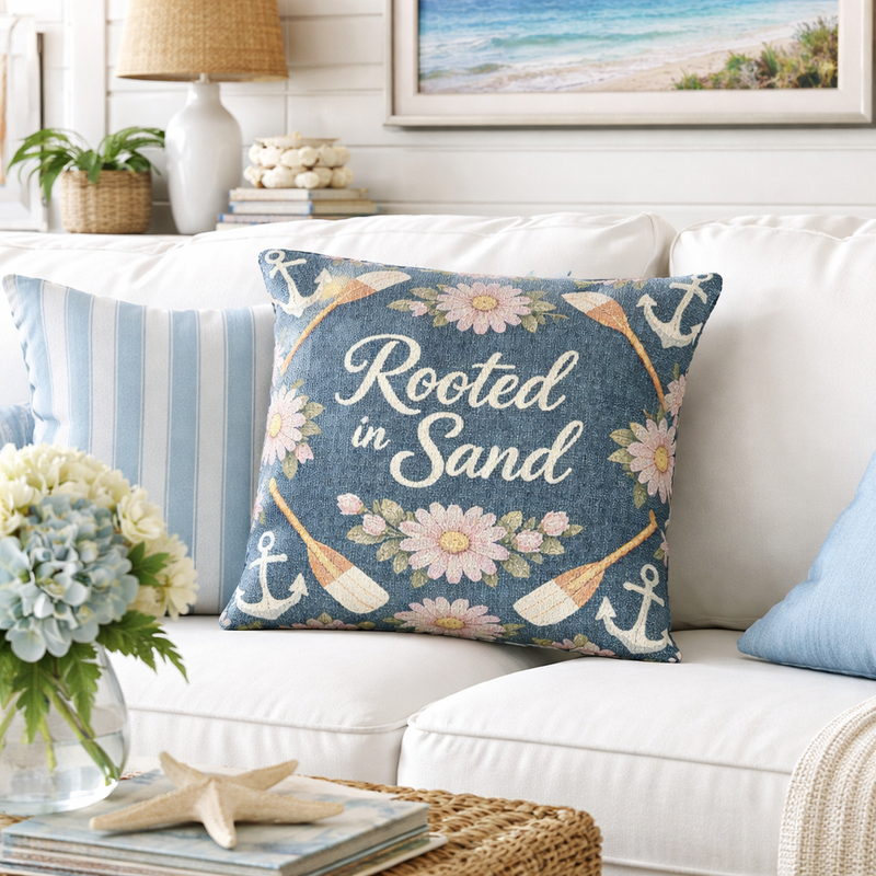 Rooted in Sand Woven Pillow — Coastal Floral Anchors Decorative Throw Pillow