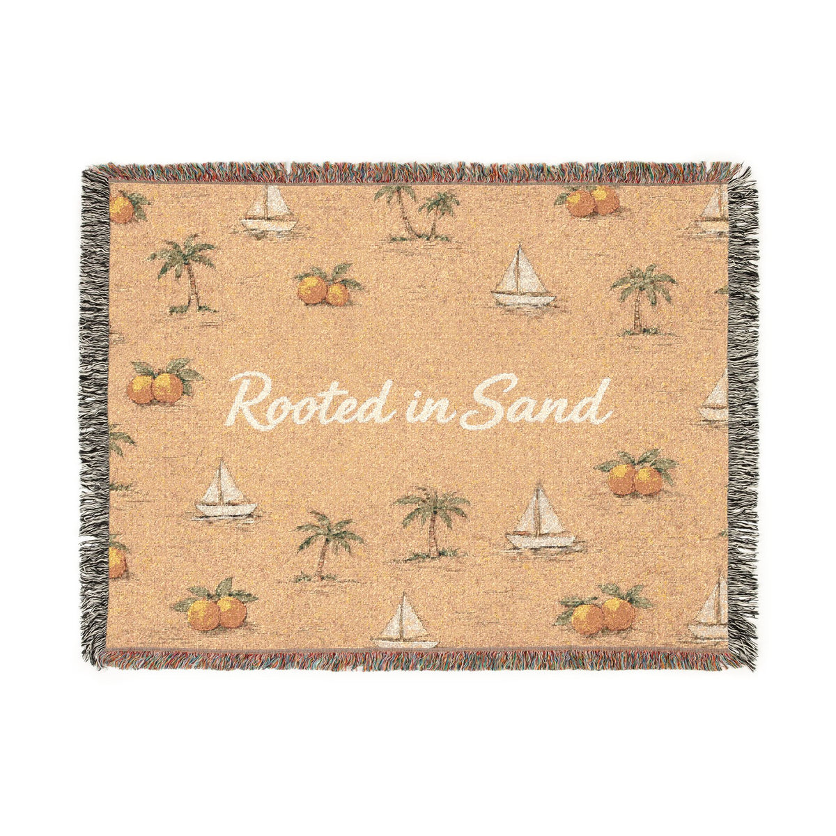 Woven Blanket Rooted in Sand Nautical Beach Throw — Palm Trees & Sailboats Accent