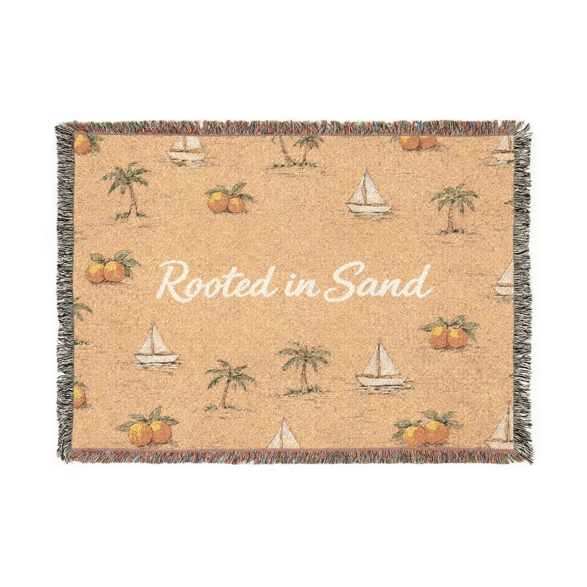Woven Blanket Rooted in Sand Nautical Beach Throw — Palm Trees & Sailboats Accent