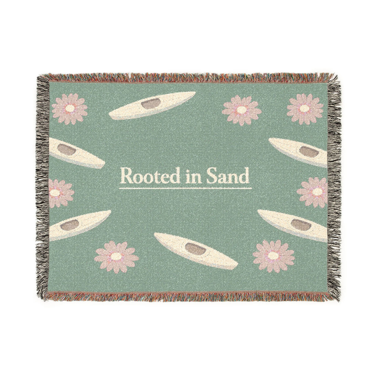 Rooted in Sand Woven Blanket – Coastal Kayak Throw with Floral Motif