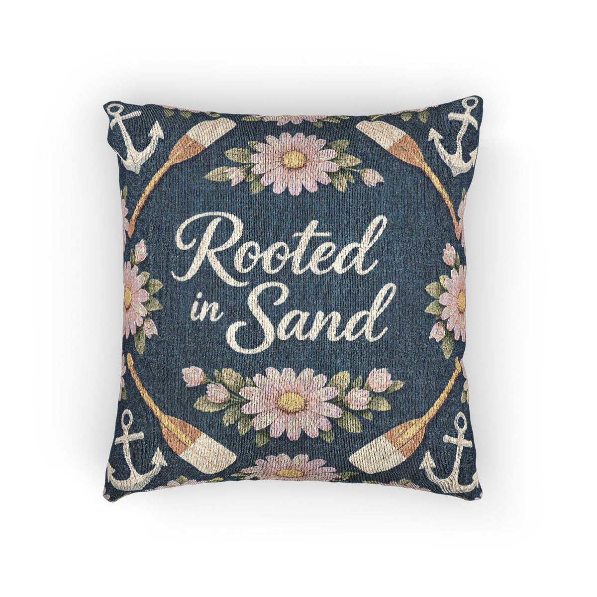 Rooted in Sand Woven Pillow — Coastal Floral Anchors Decorative Throw Pillow