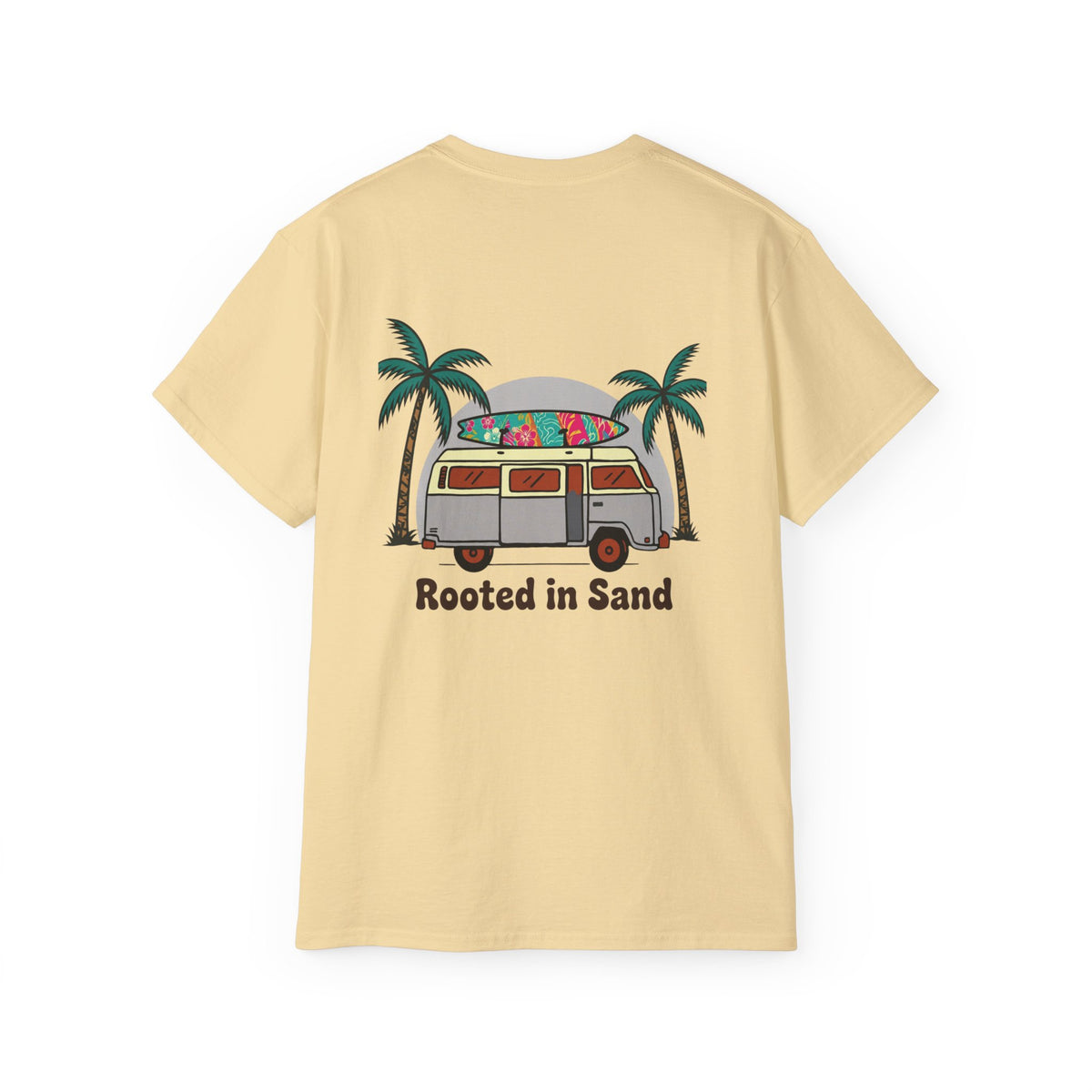 Rooted in Sand Tee — Vintage Beach Van T-Shirt with Palm Tree Graphic