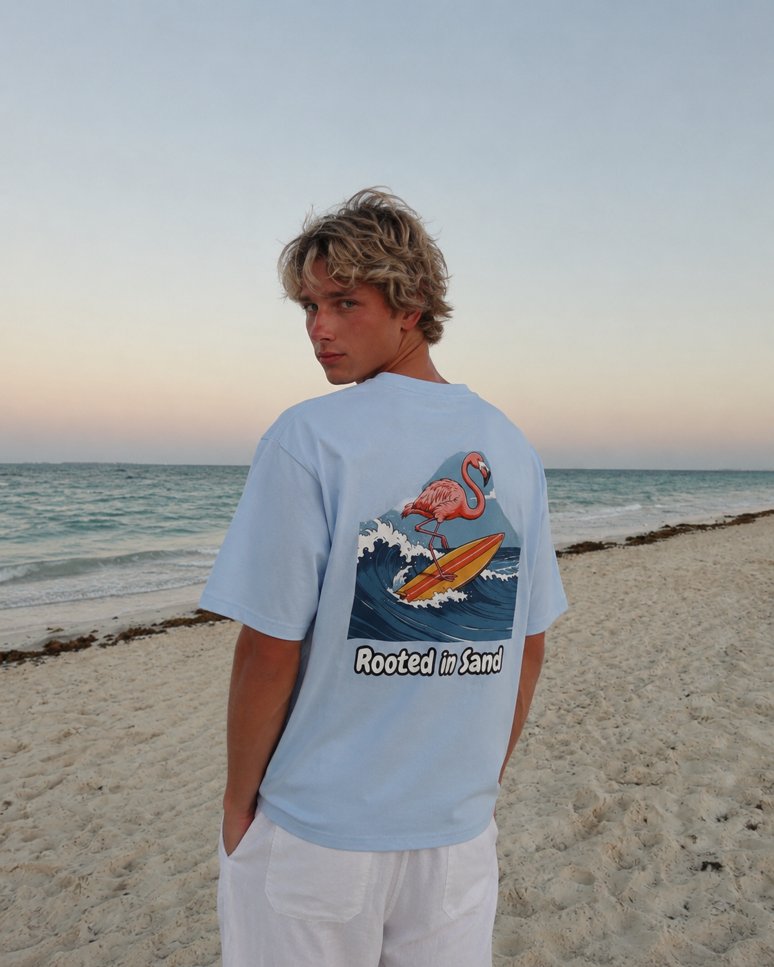 Rooted in Sand Unisex Flamingo Surf Tee