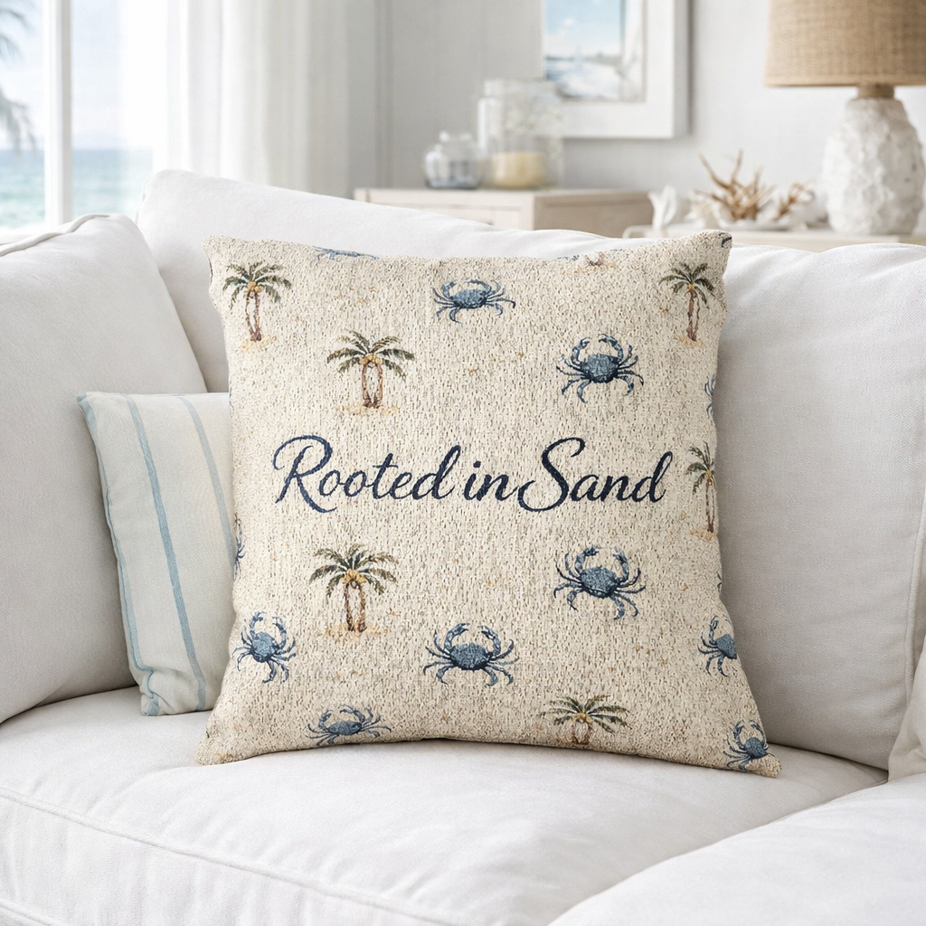 Woven Pillow — Rooted in Sand Coastal Palm & Crab Decorative Throw Pillow
