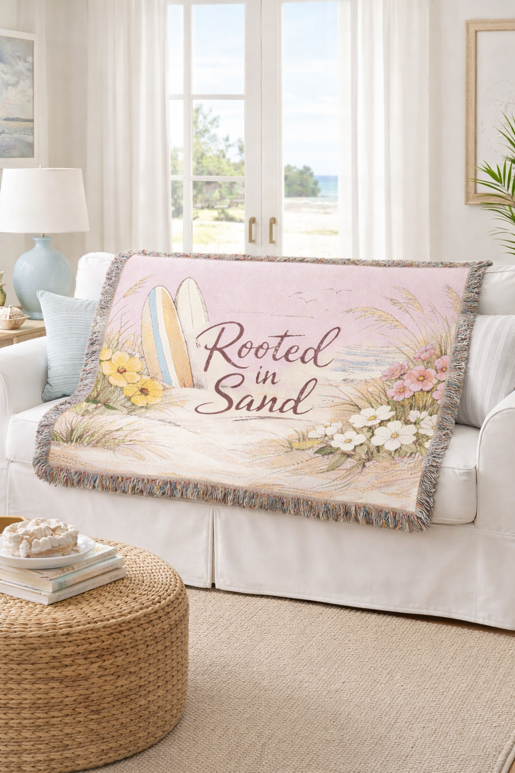 Rooted in Sand Woven Throw Blanket — Beach Surf Floral Tapestry Throw