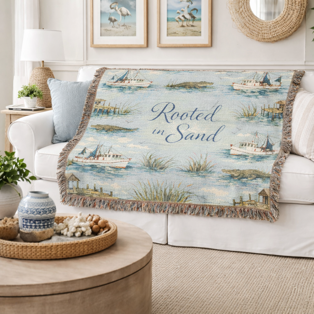 Coastal Rooted in Sand Woven Blanket – Nautical Throw for Beach Lovers