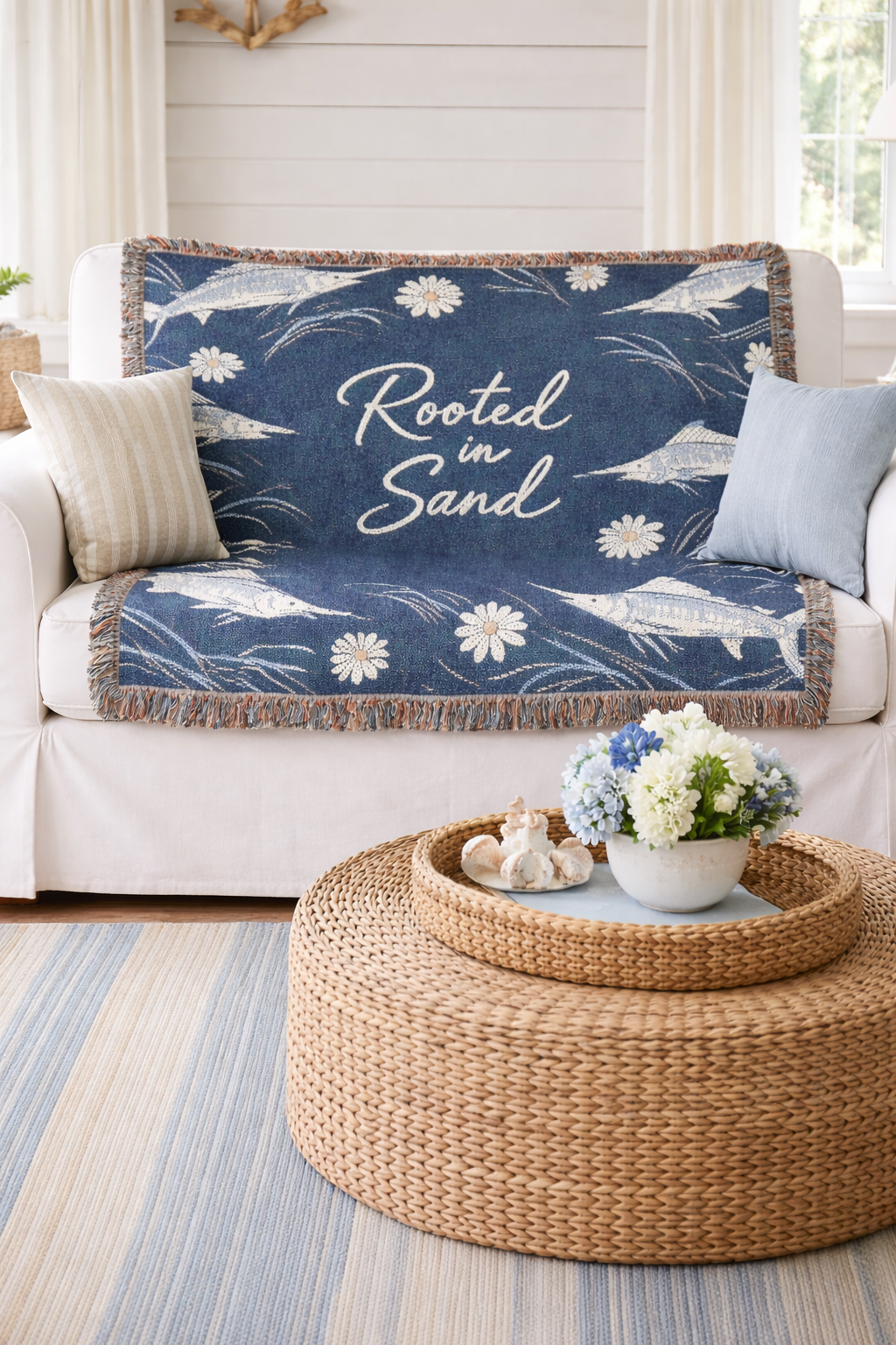 Rooted in Sand Woven Blanket – Floral Coastal Throw