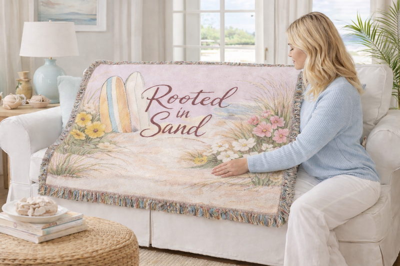 Rooted in Sand Woven Throw Blanket — Beach Surf Floral Tapestry Throw