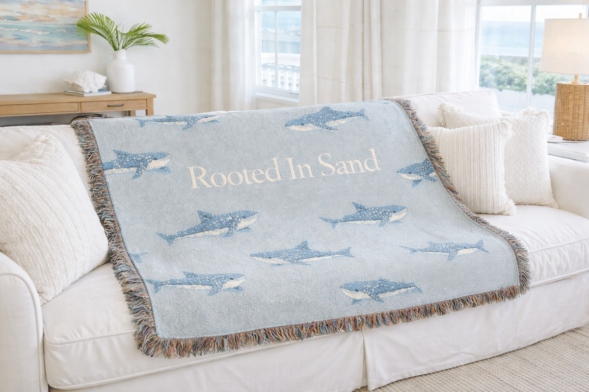 Shark Pattern Woven Blanket — Rooted in Sand Coastal Throw
