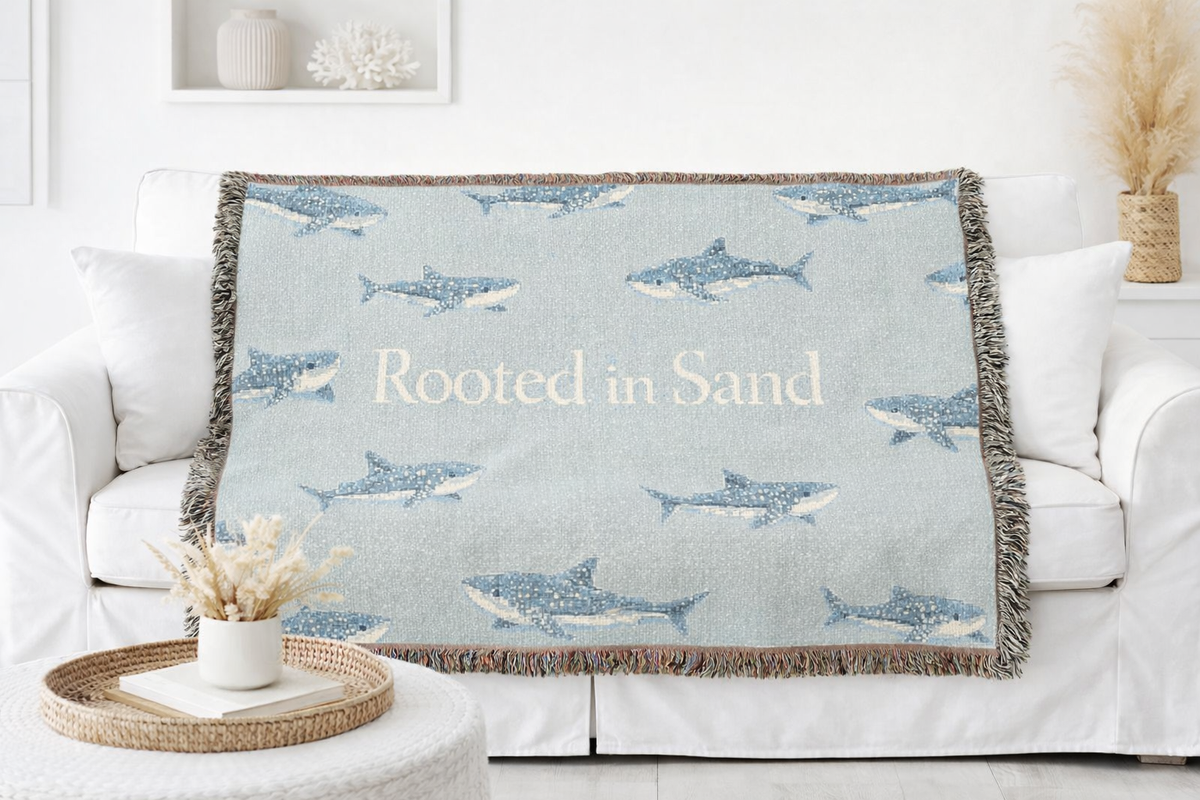 Shark Pattern Woven Blanket — Rooted in Sand Coastal Throw