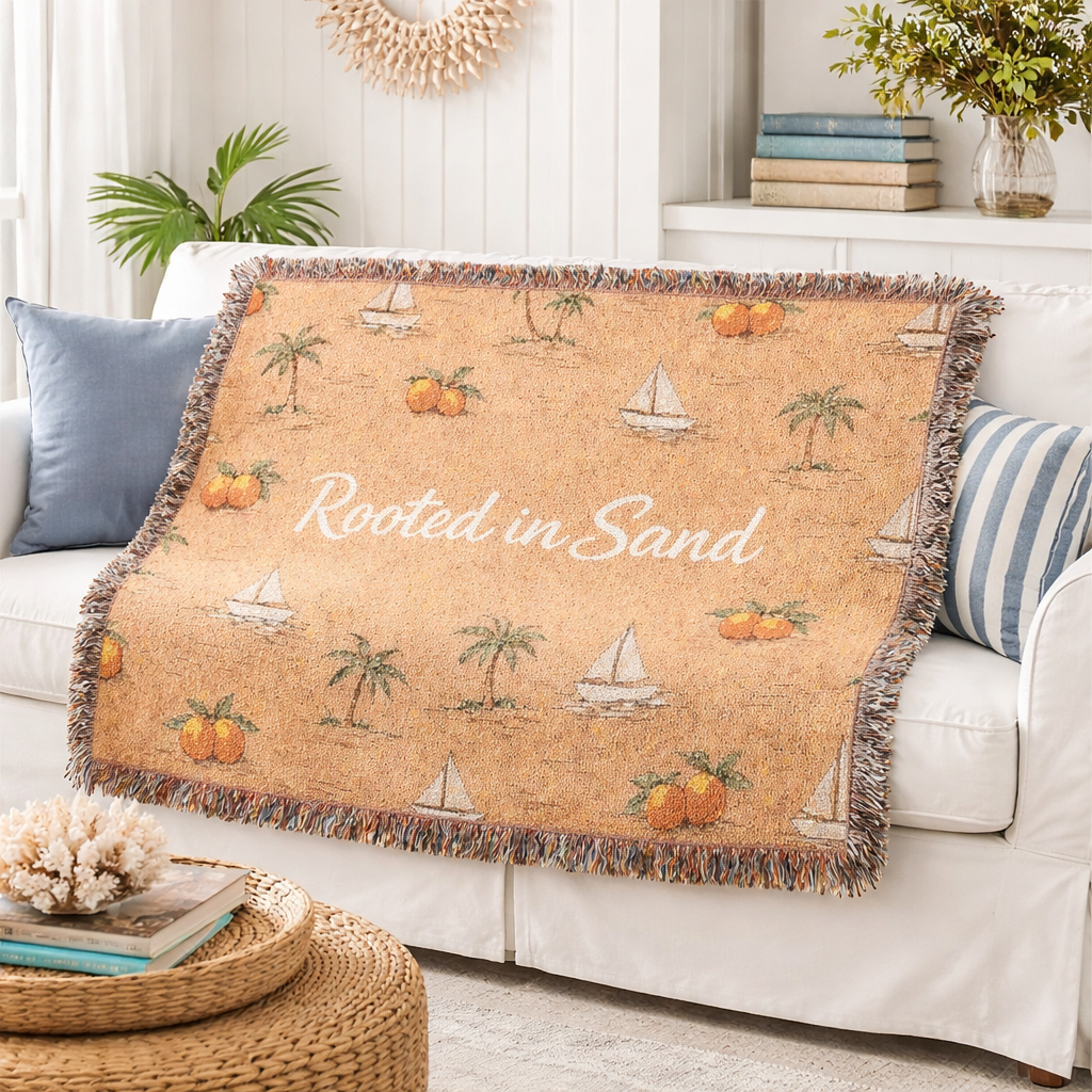 Woven Blanket Rooted in Sand Nautical Beach Throw — Palm Trees & Sailboats Accent