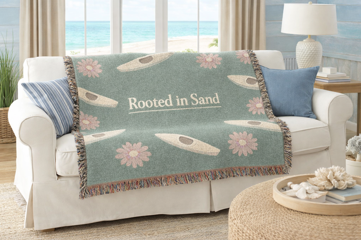 Rooted in Sand Woven Blanket – Coastal Kayak Throw with Floral Motif