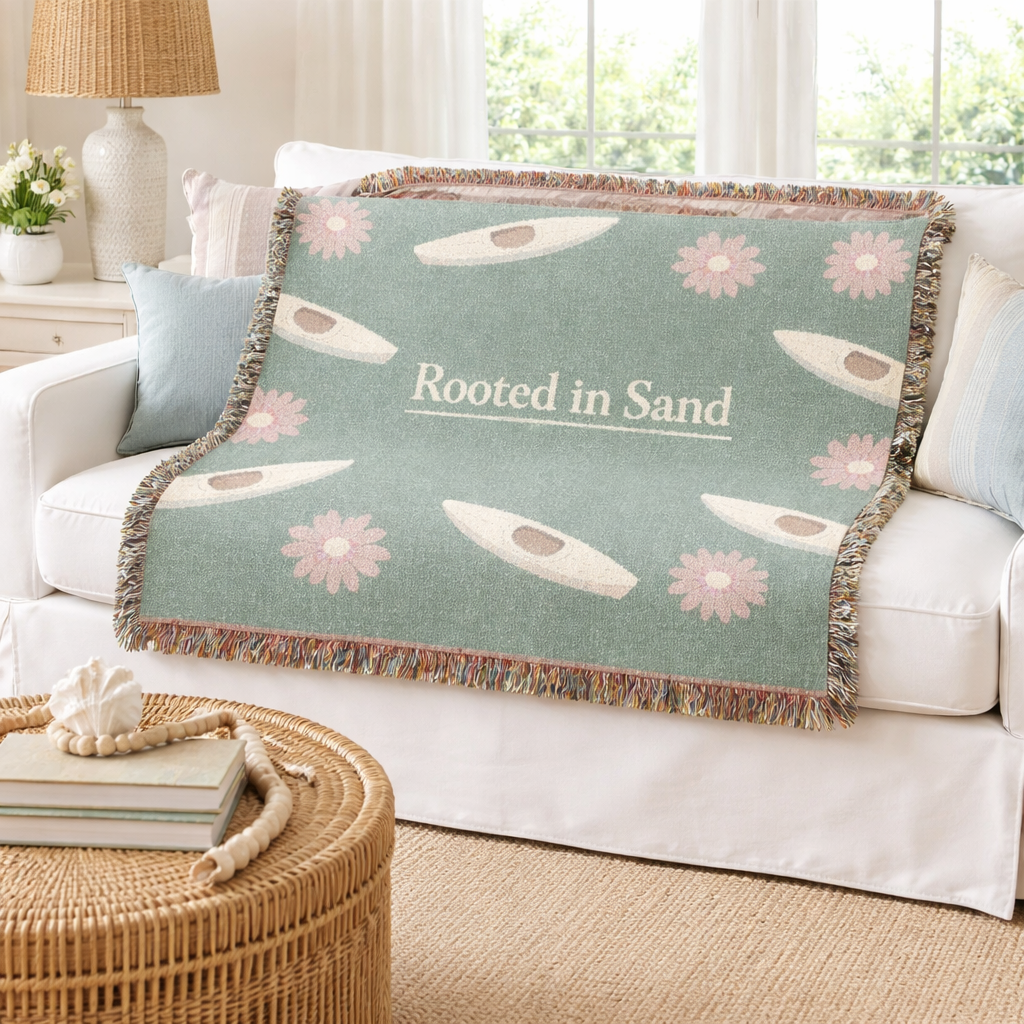 Rooted in Sand Woven Blanket – Coastal Kayak Throw with Floral Motif