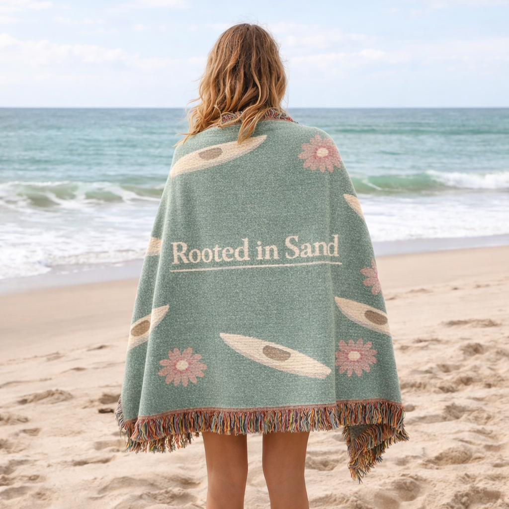 Rooted in Sand Woven Blanket – Coastal Kayak Throw with Floral Motif