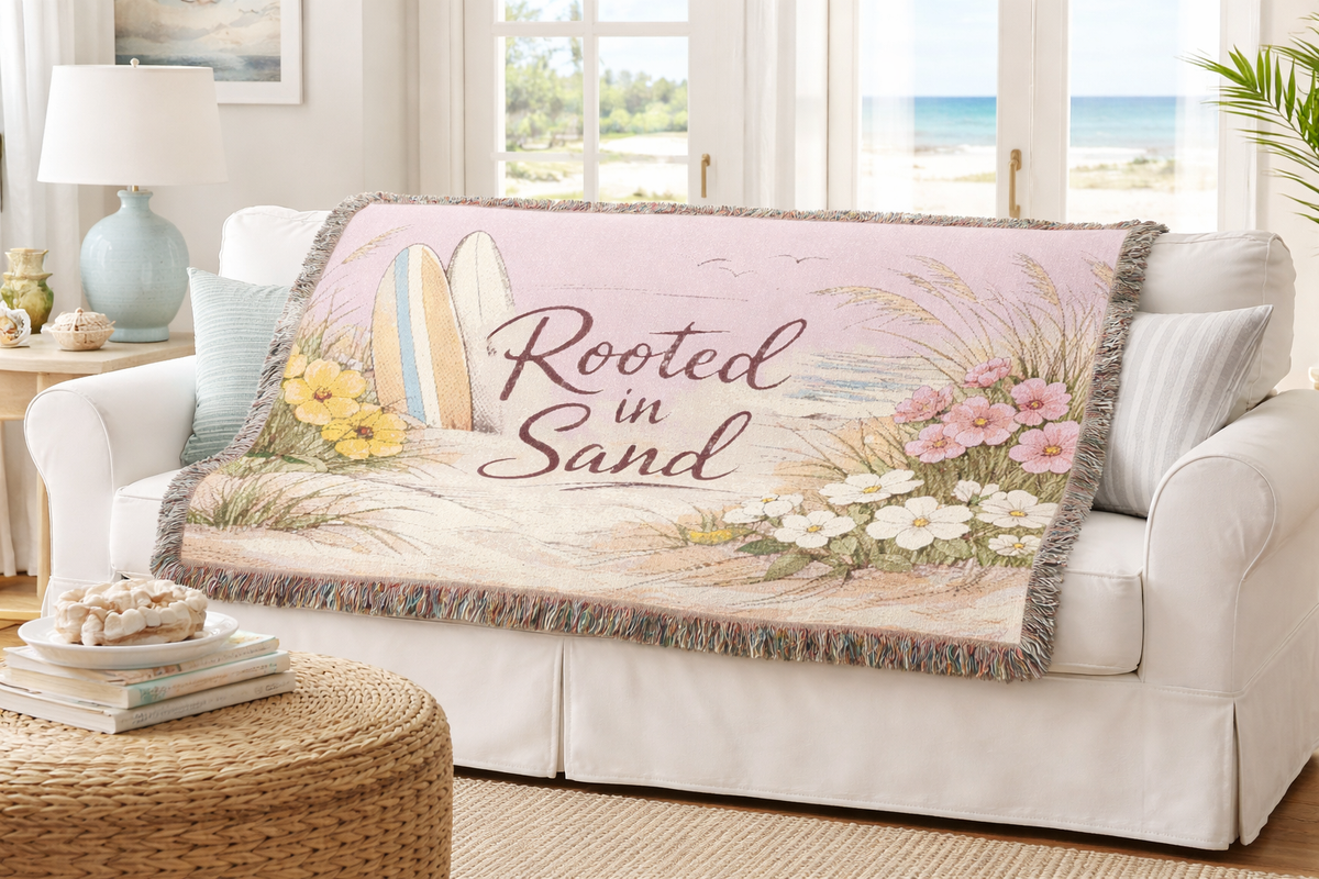 Rooted in Sand Woven Throw Blanket — Beach Surf Floral Tapestry Throw