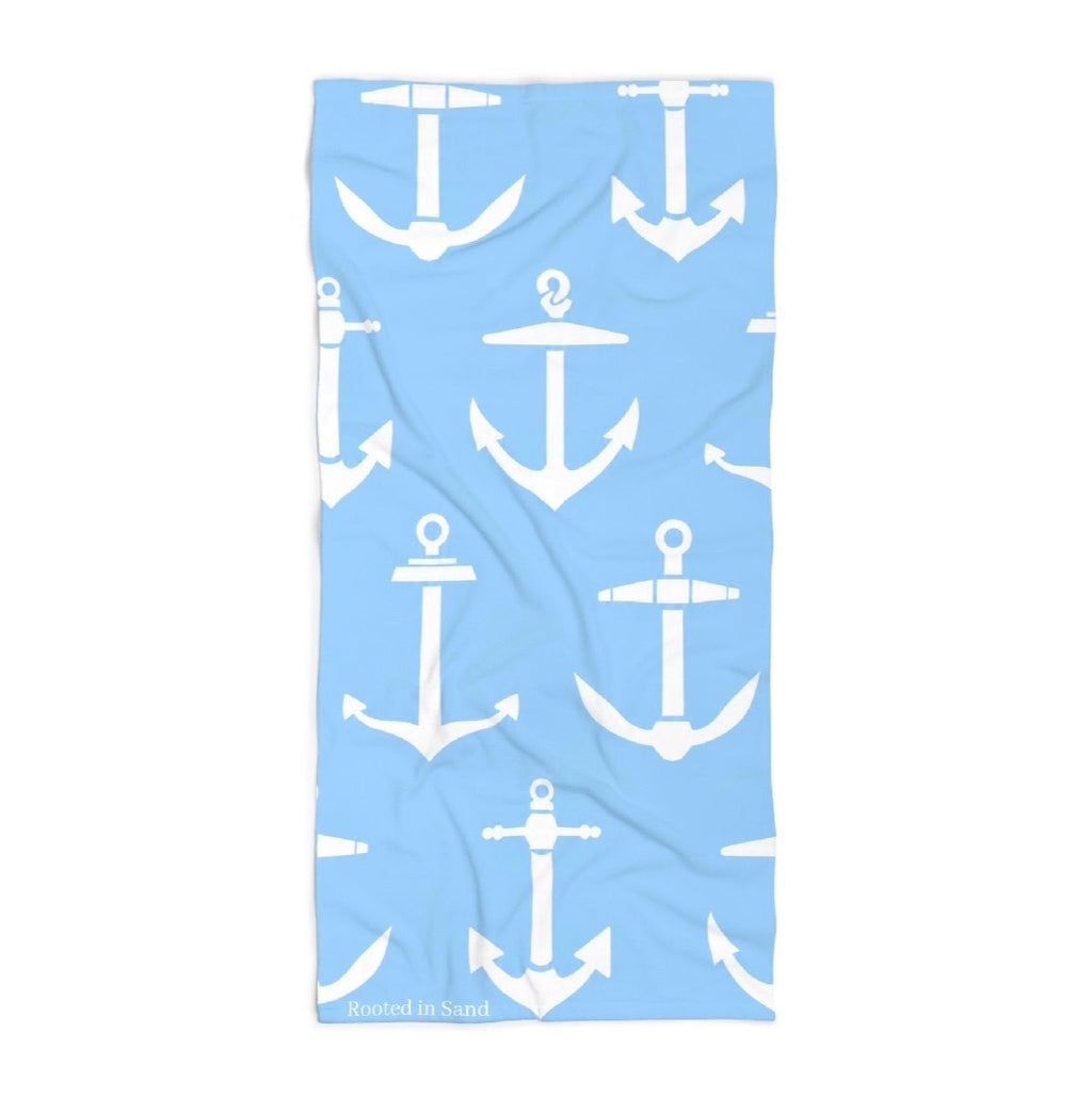 Rooted in Sand Light Blue Anchor Beach Towel