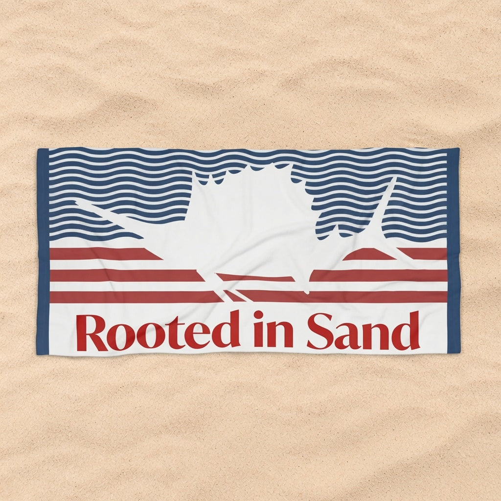 Rooted in Sand Beach Towel Nautical Marlin Design, Patriotic Red & Blue