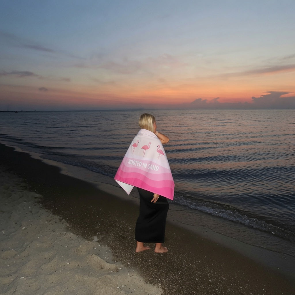 Pink Flamingo Rooted in Sand Beach Towel